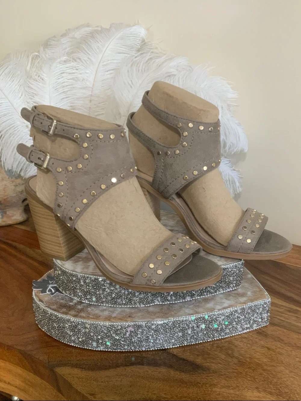 Soda Taupe Suede Studded Block Heel Sandals